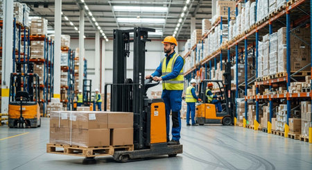 A warehouse worker operating a forklift with a pallet of boxes in a large storage facility