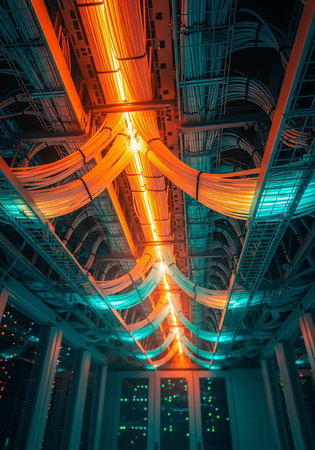 A vibrant and complex network of colorful cables and wires in a modern data center
