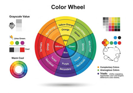 A color wheel diagram illustrating primary, secondary, and tertiary colors in a circular patternの写真素材