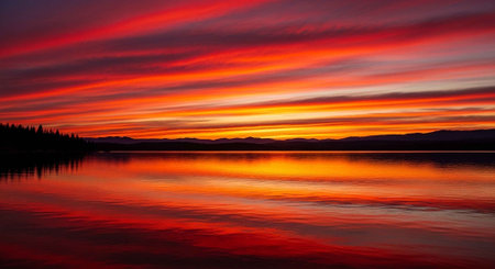 A serene lake at sunset with vibrant orange and red hues in the sky