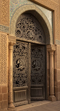 An intricately designed door with Arabic calligraphy and patterns in a historic building