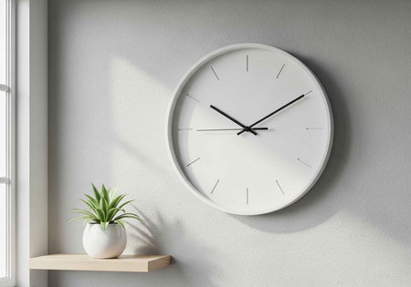 A modern white clock hangs on a clean wall next to a small plant