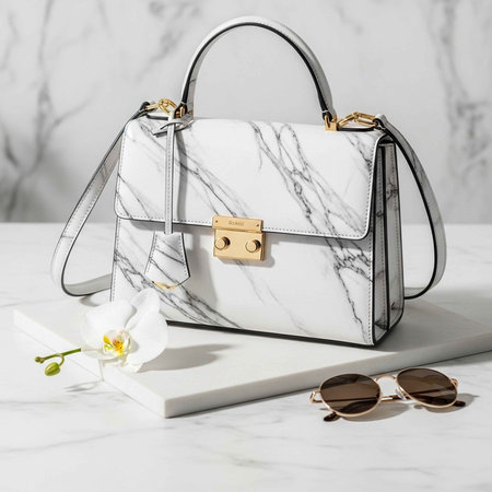 A stylish marble handbag with gold accents and sunglasses on a white surfaceの写真素材