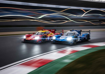 Two race cars speeding on a track at night with colorful light trails behind them