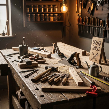 A cluttered woodworking workbench with various tools and a sign that reads Skilled Tradesの写真素材