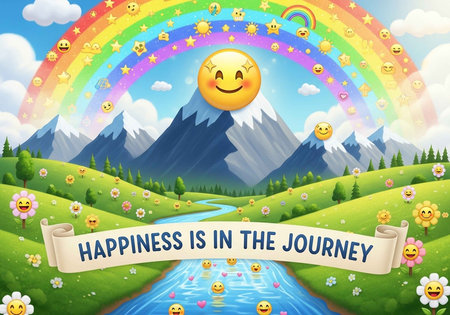 A vibrant cartoon landscape with a rainbow, smiley faces, and a banner about happinessの写真素材