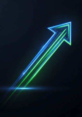 A glowing blue and green neon arrow pointing upwards in a dark backgroundの写真素材