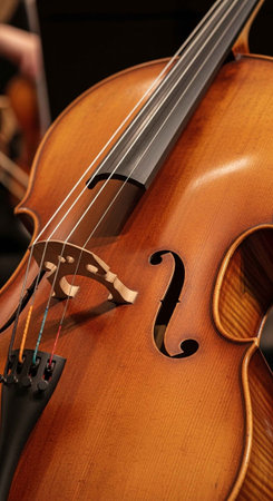 A close-up view of a beautiful violin with a rich brown finish and black detailsの写真素材