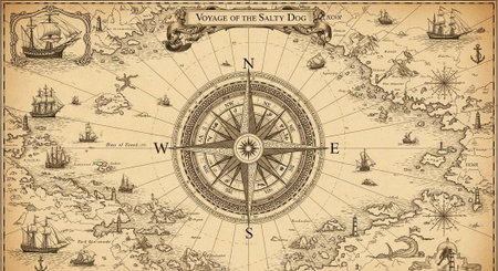 An old vintage navigation map with a compass and ships sailing on the ocean
