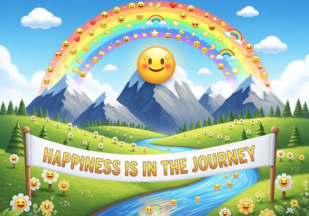 A vibrant cartoon landscape with a rainbow, smiley faces, and a happiness bannerの写真素材