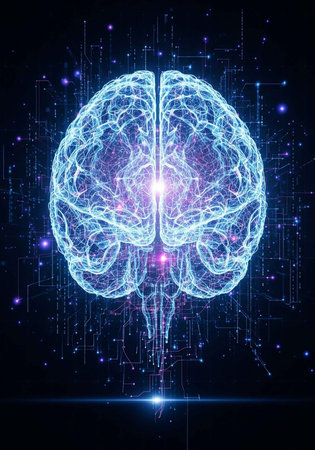 A glowing digital illustration of a human brain with vibrant blue and purple lights