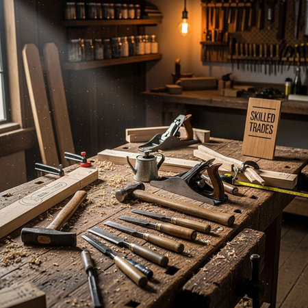 A cluttered woodworking workbench with various tools and a sign reading Skilled Trades