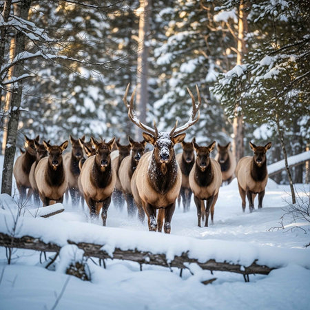 A herd of elk runs through a snowy forest with trees in the backgroundの写真素材