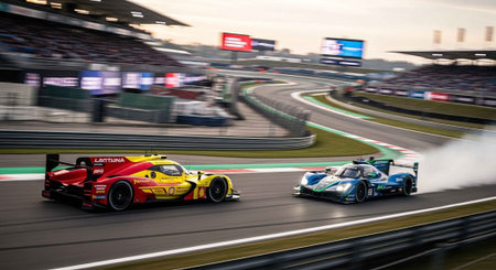Two race cars speeding around a track in a thrilling competition event
