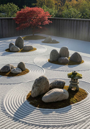 A serene Japanese Zen garden with meticulously raked gravel and strategically placed stonesの写真素材