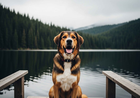 A happy dog sitting on a wooden dock by a serene lake surrounded by treesの写真素材