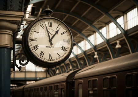 A large clock hangs on a pole in a train station with a trainの写真素材