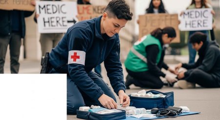A medic prepares a first aid kit during an emergency response situation outdoorsの写真素材