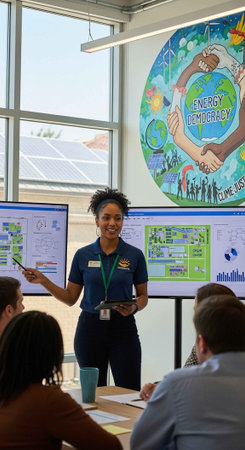 A woman presents to a group of people in a modern office setting with solar panels