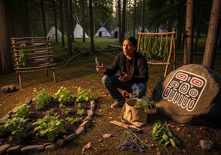 A man sitting in a forest clearing surrounded by plants and teepees in the backgroundの写真素材
