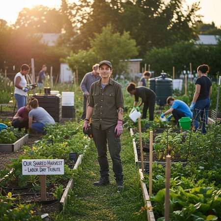 A group of people working together in a community garden at sunsetの写真素材