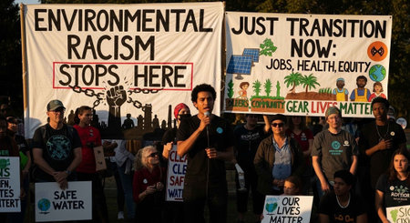 A group of people protesting for environmental justice and equality in a powerful demonstration.