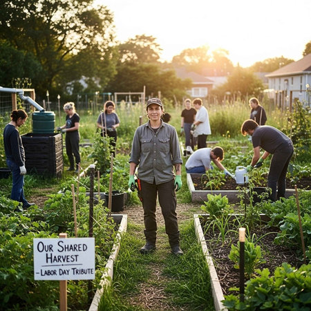 A group of people working together in a community garden at sunsetの写真素材