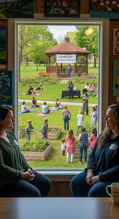 Two women sitting by a window watching a community event in a park