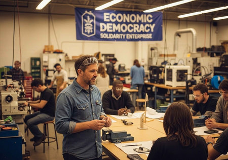A man stands in a workshop with a sign reading Economic Democracy Solidarity Enterpriseの写真素材