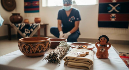 A person in a medical mask prepares for a healing ritual with traditional items