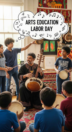 A group of children learning music from a teacher on Labor Day in an arts education setting.