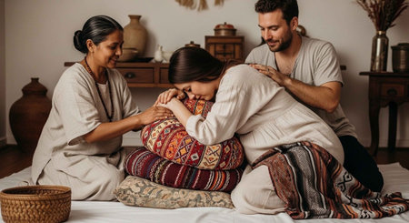 A group of people practicing yoga and meditation together in a serene indoor settingの写真素材
