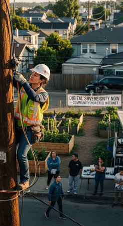 A utility worker climbing a telephone pole in a residential neighborhood with community garden