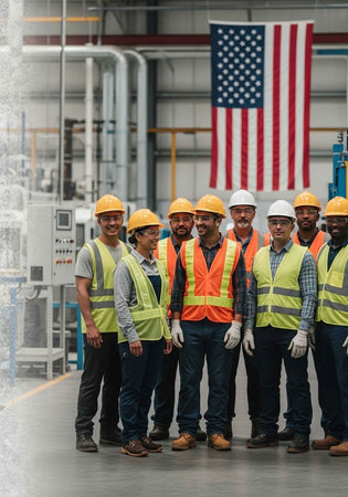 A group of diverse workers wearing safety gear in an industrial setting with an American flag