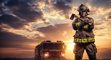A brave firefighter stands confidently with an axe in front of a firetruck at sunset