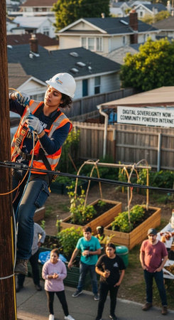 A utility worker in a hard hat and safety vest climbing a telephone pole while people watch below.の写真素材