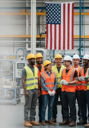 A diverse group of industrial workers wearing safety gear in a factory with an American flag