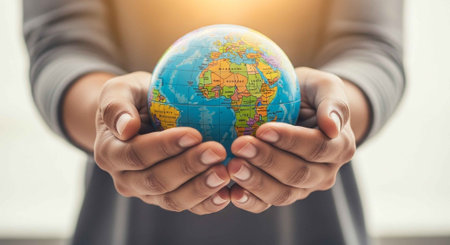 A person holding a small globe in their cupped hands with care and responsibility.の写真素材