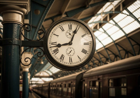 A large clock hangs on a pole in a train station with a train in the backgroundの写真素材