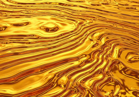 A close-up view of a luxurious golden liquid with wavy patterns and smooth textureの写真素材