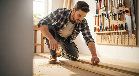 A man measuring wood in a workshop with various tools on the wallの写真素材