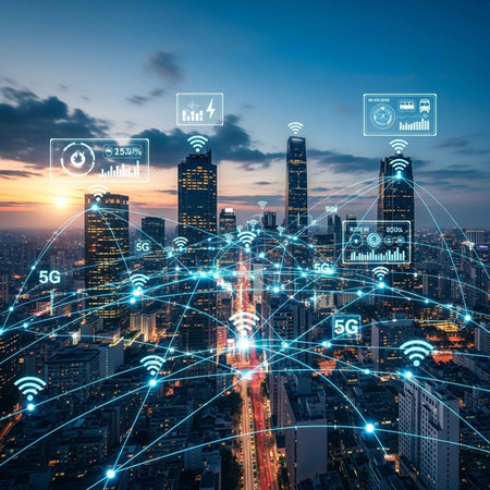 A futuristic cityscape with 5G network connections and digital icons at sunset