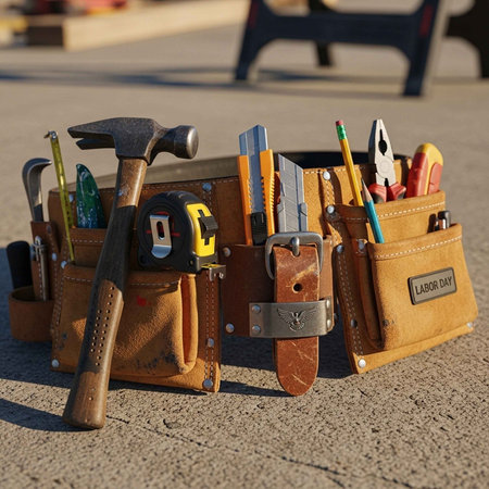 A leather tool belt with various tools on a concrete surface outdoorsの写真素材
