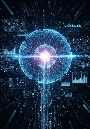 A futuristic digital illustration of a glowing blue circle with data visualization elementsの写真素材