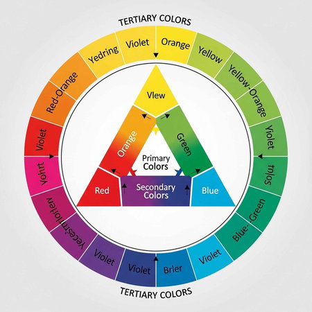 A color wheel diagram showing primary, secondary, and tertiary colors in a circular patternの写真素材