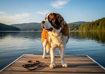 A large brown and white dog stands on a wooden dock by a serene lakeの写真素材