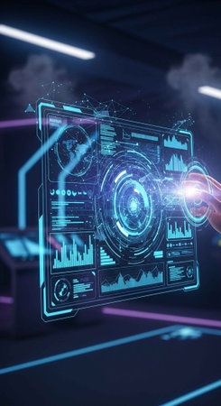 A futuristic hand interacting with a holographic digital interface in a dark roomの写真素材