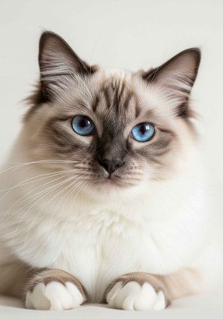A beautiful white cat with blue eyes and gray markings on a plain backgroundの写真素材