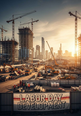 A bustling construction site with cranes and buildings under development at sunsetの写真素材