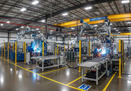 A bustling industrial factory with workers and robots welding on large machinery